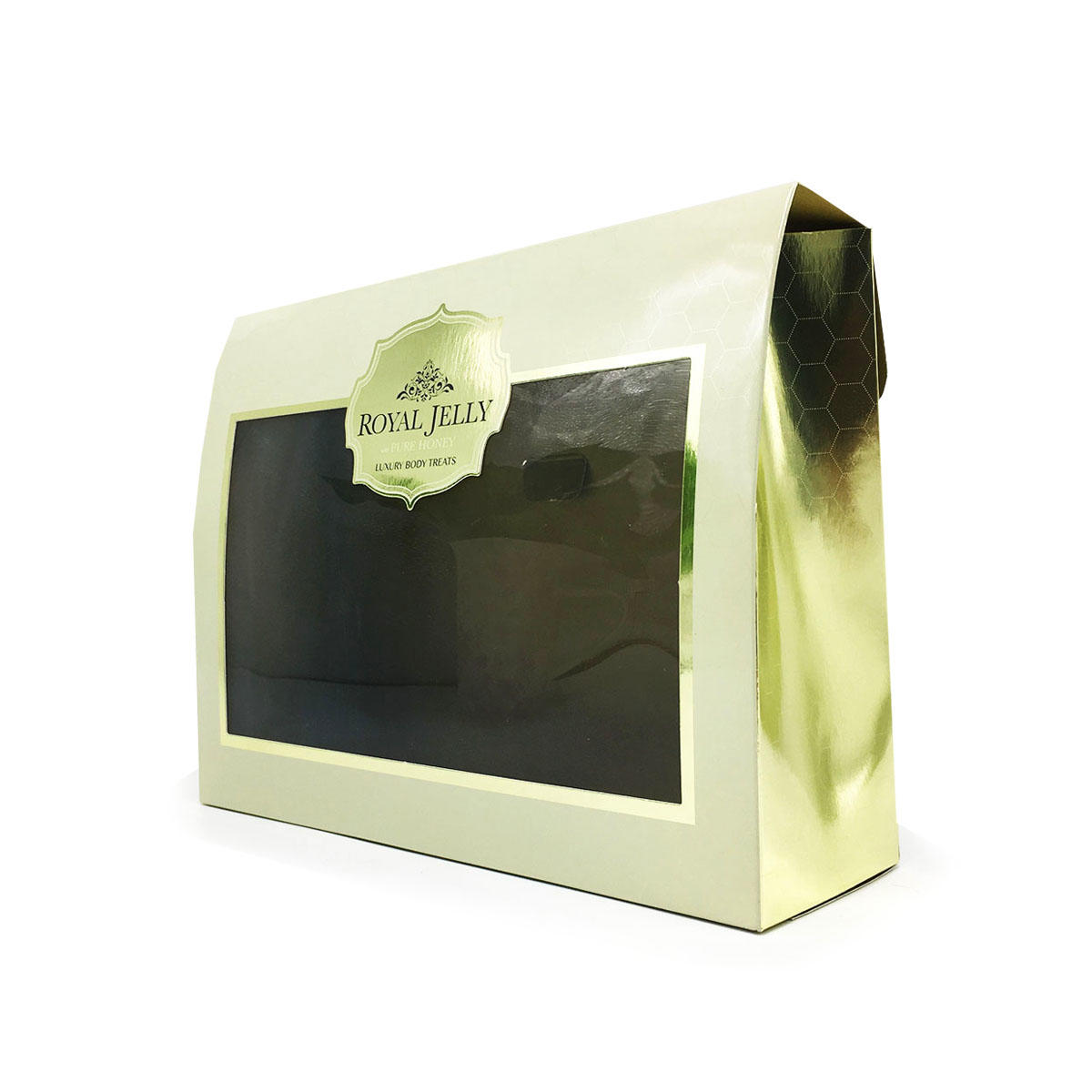 High quality cosmetic packaging box with clear transparent PVC window with luxury gold foil color